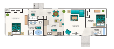A floor plan of a house with a kitchen, living room, and bathrooms.